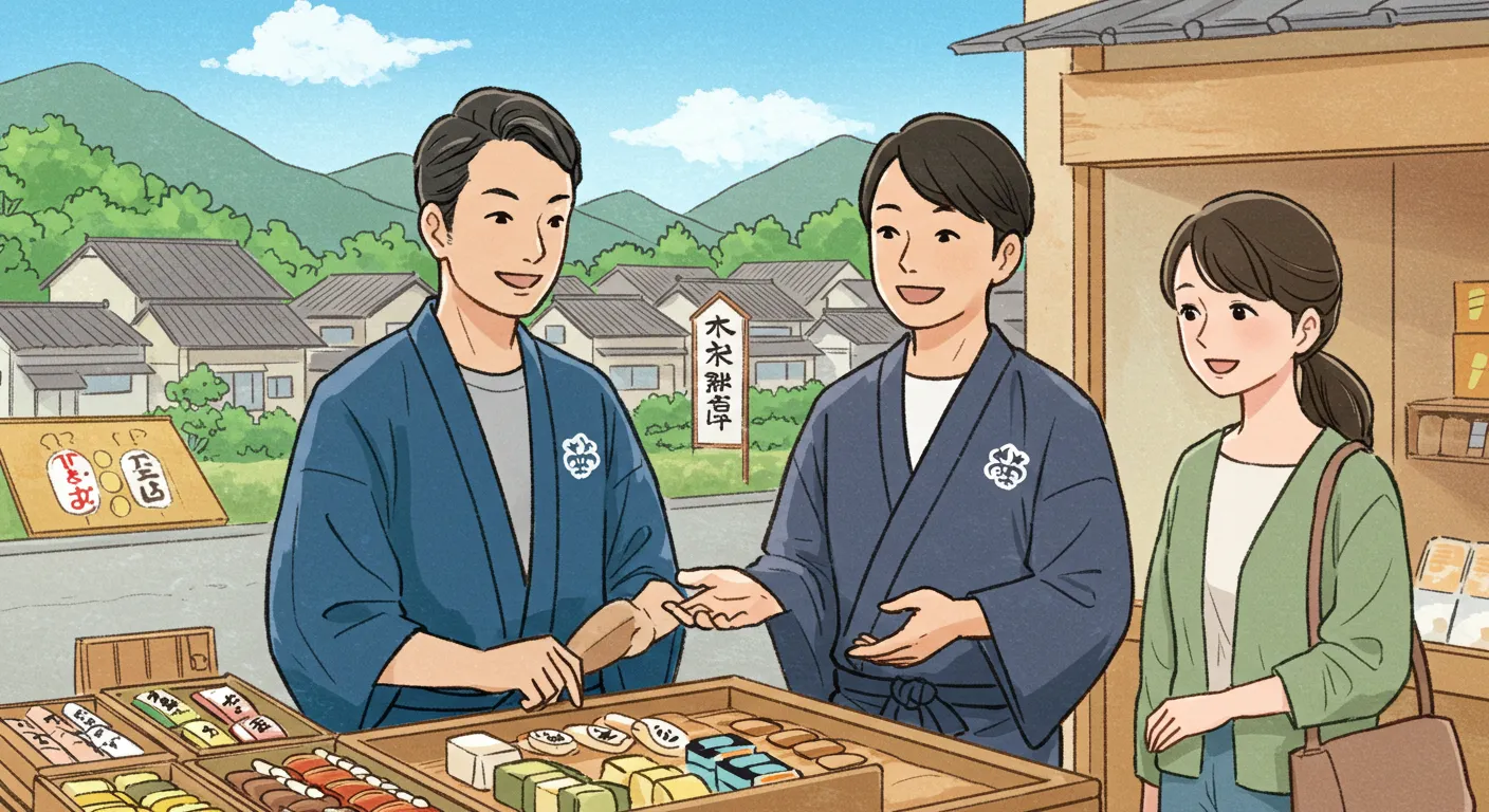 古い日本の町並みで、商人と客が笑顔で商品をやり取りし、周囲の町も活気づいている様子